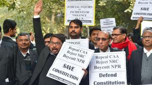 Lawyers protest against NPR, NRC and CAA in New Delhi on Tuesday.(PTI Photo) Lawyers protest against NPR, NRC and CAA in New Delhi on Tuesday.(PTI Photo)