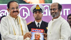 Vice President M Venkaiah Naidu along with Tamil Superstar Rajinikanth releases the 50th anniversary souvenir of Thuglak magazine in Chennai, on Tuesday.(PTI Photo) Vice President M Venkaiah Naidu along with Tamil Superstar Rajinikanth releases the 50th anniversary souvenir of Thuglak magazine in Chennai, on Tuesday.(PTI Photo)