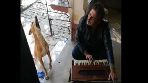 The dog joined his human to sing ‘Teri Meri Kahani’ by Ranu Mondal.(Facebook/Subir Khan) The dog joined his human to sing ‘Teri Meri Kahani’ by Ranu Mondal.(Facebook/Subir Khan)