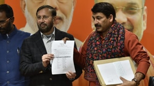 Delhi BJP president Manoj Tiwari Union Minister, Prakash Javadekar as the BJP releases first list of 57 candidates for Delhi Assembly polls at BJP headquarters on Jan 17, 2020. (Photo by Sanjeev Verma/HT) Delhi BJP president Manoj Tiwari Union Minister, Prakash Javadekar as the BJP releases first list of 57 candidates for Delhi Assembly polls at BJP headquarters on Jan 17, 2020. (Photo by Sanjeev Verma/HT)