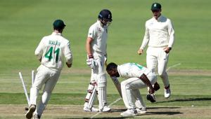 South Africa's Kagiso Rabada celebrates taking the wicket of England's Joe Root(REUTERS) South Africa's Kagiso Rabada celebrates taking the wicket of England's Joe Root(REUTERS)
