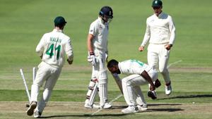 South Africa's Kagiso Rabada celebrates taking the wicket of England's Joe Root.(REUTERS) South Africa's Kagiso Rabada celebrates taking the wicket of England's Joe Root.(REUTERS)