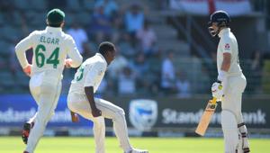 South Africa bowler Kagiso Rabada celebrates after bowling England batsman Joe Root(Getty Images)