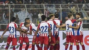 ATK Players jubilate with their teammate Pritam Kotal who scoring a goal against FC Goa.(PTI) ATK Players jubilate with their teammate Pritam Kotal who scoring a goal against FC Goa.(PTI)