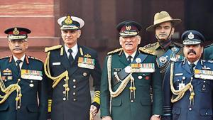 CDS Gen Bipin Rawat with Army Chief Gen MM Naravane, Navy Chief Admiral Karambir Singh and Air Chief Marshal Rakesh Kumar Singh Bhadauria in New Delhi on January 1. CDS Gen Bipin Rawat with Army Chief Gen MM Naravane, Navy Chief Admiral Karambir Singh and Air Chief Marshal Rakesh Kumar Singh Bhadauria in New Delhi on January 1.
