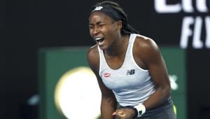 Coco Gauff reacts during her first round singles match against compatriot Venus Williams.(AP) Coco Gauff reacts during her first round singles match against compatriot Venus Williams.(AP)