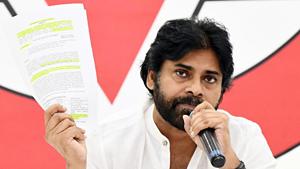 Actor-turned-politician and Jana Sena Party president Pawan Kalyan addressing a press conference, in Andhra Pradesh. Actor-turned-politician and Jana Sena Party president Pawan Kalyan addressing a press conference, in Andhra Pradesh.