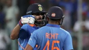 India's captain Virat Kohli, left, congratulates teammate Rohit Sharma on scoring a century.(AP) India's captain Virat Kohli, left, congratulates teammate Rohit Sharma on scoring a century.(AP)
