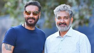Ajay Devgn with SS Rajamouli on the sets of RRR.(Twitter) Ajay Devgn with SS Rajamouli on the sets of RRR.(Twitter)