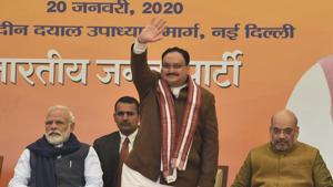 Jagat Prakash Nadda took over as the 11th president of the BJP on Monday.(Sanjeev Verma/HT Photo) Jagat Prakash Nadda took over as the 11th president of the BJP on Monday.(Sanjeev Verma/HT Photo)