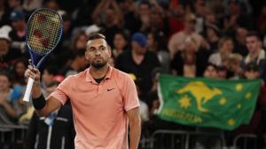Australia's Nick Kyrgios celebrates after winning his match against Italy's Lorenzo Sonego.(REUTERS) Australia's Nick Kyrgios celebrates after winning his match against Italy's Lorenzo Sonego.(REUTERS)
