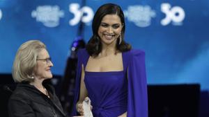 Deepika Padukone, from India, receives a Crystal Award from Hilde Schwab, Chairwoman and Co-Founder of the World Economic Forum's World Arts Forum.(AP) Deepika Padukone, from India, receives a Crystal Award from Hilde Schwab, Chairwoman and Co-Founder of the World Economic Forum's World Arts Forum.(AP)