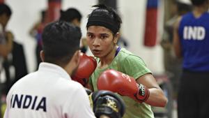 Nikhat Zareen, during the Practice at Indira Gandhi Indore Stadium in New Delhi.(Raj K Raj/HT PHOTO) Nikhat Zareen, during the Practice at Indira Gandhi Indore Stadium in New Delhi.(Raj K Raj/HT PHOTO)