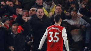 Arsenal's Gabriel Martinelli celebrates scoring their first goal.(REUTERS) Arsenal's Gabriel Martinelli celebrates scoring their first goal.(REUTERS)