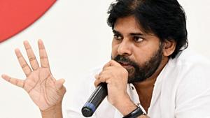 Actor-turned-politician and Jana Sena Party president Pawan Kalyan addressing a press conference, in Andhra Pradesh.