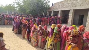 Women lining up during the second phase of panchayat election in Rajasthan.(HT Photo) Women lining up during the second phase of panchayat election in Rajasthan.(HT Photo)