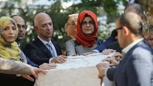 Bezos on Wednesday tweeted the hashtag #Jamal, along with a photo of himself at a memorial service for Khashoggi held in Istanbulin October.(@JeffBezos/Twitter) Bezos on Wednesday tweeted the hashtag #Jamal, along with a photo of himself at a memorial service for Khashoggi held in Istanbulin October.(@JeffBezos/Twitter)
