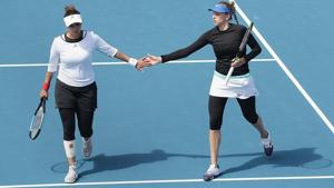 Tennis star Sania Mirza and her partner Nadiia Kichenok(PTI) Tennis star Sania Mirza and her partner Nadiia Kichenok(PTI)