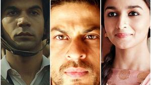 Rajkummar Rao, Shah Rukh Khan and Alia Bhatt, in stills from Newton, Chak De! India and Raazi. Rajkummar Rao, Shah Rukh Khan and Alia Bhatt, in stills from Newton, Chak De! India and Raazi.