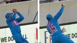 Rohit Sharma takes a sensational catch.(HT Collage) Rohit Sharma takes a sensational catch.(HT Collage)
