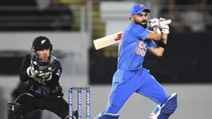 Auckland: India captain Virat Kohli bats as New Zealand keeper Tim Seifert looks on during the Twenty/20 cricket international between India and New Zealand in Auckland, New Zealand, Friday, Jan. 24, 2020.(AP) Auckland: India captain Virat Kohli bats as New Zealand keeper Tim Seifert looks on during the Twenty/20 cricket international between India and New Zealand in Auckland, New Zealand, Friday, Jan. 24, 2020.(AP)