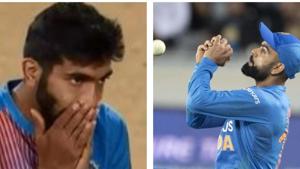 Jasprit Bumrah reacts after Virat Kohli drops a catch in the 2nd T20I against New Zealand.(HT Collage) Jasprit Bumrah reacts after Virat Kohli drops a catch in the 2nd T20I against New Zealand.(HT Collage)