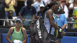 Coco Gauff, right, of the US reacts as she walks from the court.(AP) Coco Gauff, right, of the US reacts as she walks from the court.(AP)