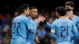 Manchester City's Gabriel Jesus celebrates scoring their fourth goal with teammates.(REUTERS) Manchester City's Gabriel Jesus celebrates scoring their fourth goal with teammates.(REUTERS)