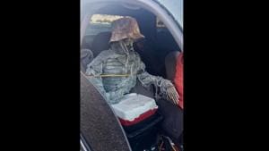 The skeleton was tied to the seat with rope and had a hat on to make it look more believable.(Twitter/@Arizona_DPS) The skeleton was tied to the seat with rope and had a hat on to make it look more believable.(Twitter/@Arizona_DPS)