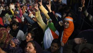 Women shout slogan during a protest against CAA, NRC and NPR at Shaheen Bagh in New Delhi on January 21, 2020.(Burhaan Kinu / Hindustan Times photo) Women shout slogan during a protest against CAA, NRC and NPR at Shaheen Bagh in New Delhi on January 21, 2020.(Burhaan Kinu / Hindustan Times photo)