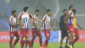 ATK players celebrate after wining against North East United FC during ISL match at Salt Lake Stadium in Kolkata.(PTI) ATK players celebrate after wining against North East United FC during ISL match at Salt Lake Stadium in Kolkata.(PTI)