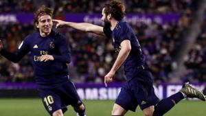 Real Madrid's Nacho celebrates scoring their first goal with Luka Modric.(REUTERS) Real Madrid's Nacho celebrates scoring their first goal with Luka Modric.(REUTERS)