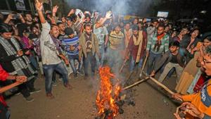Students of Visva-Bharati University burn an effigy during a protest against.(Representative image/PTI) Students of Visva-Bharati University burn an effigy during a protest against.(Representative image/PTI)