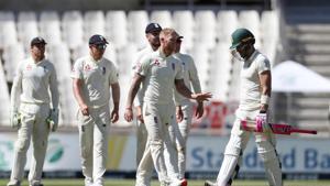 Ben Stokes celebrates with teammates after taking the wicket of South Africa's Faf du Plessis.(REUTERS) Ben Stokes celebrates with teammates after taking the wicket of South Africa's Faf du Plessis.(REUTERS)