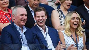 Allan Border, Steve Smith and his wife Dani Willis watch the Men’s Singles Quarterfinal match between Rafael Nadal of Spain and Dominic Thiem of Austria on day ten of the 2020 Australian Open.(Getty Images) Allan Border, Steve Smith and his wife Dani Willis watch the Men’s Singles Quarterfinal match between Rafael Nadal of Spain and Dominic Thiem of Austria on day ten of the 2020 Australian Open.(Getty Images)