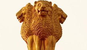 The emblem is the graphic representation of the Lion Capital that originally graced the top of the Ashok Stambh or Ashoka Pillar at Sarnath. It has the national motto, Satyamev Jayate (truth alone triumphs), written below it.(HTPhoto) The emblem is the graphic representation of the Lion Capital that originally graced the top of the Ashok Stambh or Ashoka Pillar at Sarnath. It has the national motto, Satyamev Jayate (truth alone triumphs), written below it.(HTPhoto)