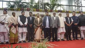 Jharkhand Governor Droupadi Murmu (5L) and Chief Minister Hemant Soren (4L) along with the newly sworn-in cabinet ministers after an oath-taking ceremony at Raj Bhawan, in Ranchi, Tuesday, Jan. 28, 2020.(PTI) Jharkhand Governor Droupadi Murmu (5L) and Chief Minister Hemant Soren (4L) along with the newly sworn-in cabinet ministers after an oath-taking ceremony at Raj Bhawan, in Ranchi, Tuesday, Jan. 28, 2020.(PTI)