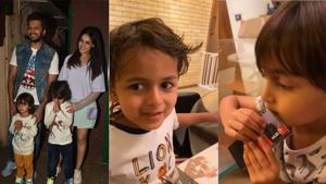 Riteish Deshmukh can be seen talking to his sons Riaan and Rahyl about Mahatma Gandhi. Riteish Deshmukh can be seen talking to his sons Riaan and Rahyl about Mahatma Gandhi.