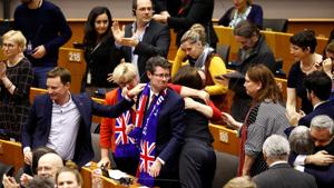 Britain's EU Parliament members react after a vote on the Withdrawal Agreement at the European Parliament in Brussels, Belgium(REUTERS) Britain's EU Parliament members react after a vote on the Withdrawal Agreement at the European Parliament in Brussels, Belgium(REUTERS)