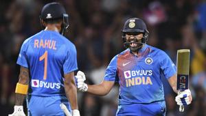 India's Rohit Sharma celebrates with KL Rahul(AP) India's Rohit Sharma celebrates with KL Rahul(AP)