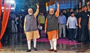 PM Narendra Modi and current Minister of Home Affairs, Amit Shah, in New Delhi on May 23, 2019, celebrating the BJP’s victory in the 2019 general elections.(Money Sharma/AFP) PM Narendra Modi and current Minister of Home Affairs, Amit Shah, in New Delhi on May 23, 2019, celebrating the BJP’s victory in the 2019 general elections.(Money Sharma/AFP)