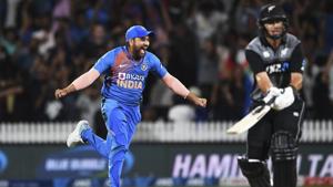 Rohit Sharma celebrates as New Zealand's Ross Taylor is bowled and the game is tied and goes to a super over(AP) Rohit Sharma celebrates as New Zealand's Ross Taylor is bowled and the game is tied and goes to a super over(AP)