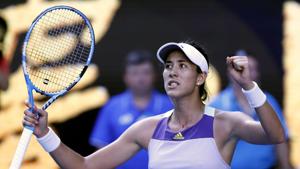 Spain’s Garbine Muguruza celebrates winning her match against Romania’s Simona Halep.(REUTERS) Spain’s Garbine Muguruza celebrates winning her match against Romania’s Simona Halep.(REUTERS)