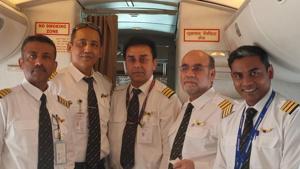 The cockpit crew of the special Air India aircraft that has been sent to evacuate Indians from the Cornonavirus-hit Wuhan city in central China on Friday.(PHOTO:SOURCED.) The cockpit crew of the special Air India aircraft that has been sent to evacuate Indians from the Cornonavirus-hit Wuhan city in central China on Friday.(PHOTO:SOURCED.)