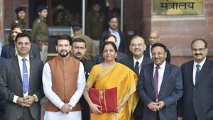 Finance Minister Nirmala Sitharaman with her team and bahi khata ahead of presenting the Budget.(Ajay Aggarwal/HT Photo) Finance Minister Nirmala Sitharaman with her team and bahi khata ahead of presenting the Budget.(Ajay Aggarwal/HT Photo)