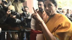 Finance Minister Nirmala Sitharaman on her way to present the Budget in Parliament on Saturday.(Sonu NMehta/HT Photo) Finance Minister Nirmala Sitharaman on her way to present the Budget in Parliament on Saturday.(Sonu NMehta/HT Photo)