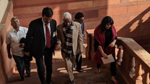 Finance Minister Nirmala Sitharaman’s family including her daughter Parakala Vangmayi arrive in Parliament. (ANI photo) Finance Minister Nirmala Sitharaman’s family including her daughter Parakala Vangmayi arrive in Parliament. (ANI photo)