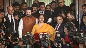Union Finance Minister Nirmala Sitharaman, flanked by her deputy Anurag Thakur (to her right) and a team of officials, shows a folder containing the Union Budget documents(PTI) Union Finance Minister Nirmala Sitharaman, flanked by her deputy Anurag Thakur (to her right) and a team of officials, shows a folder containing the Union Budget documents(PTI)