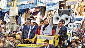 Delhi Chief Minister Arvind Kejriwal during a road show at Brahmpuri area in Dwarka Assembly constituency on Monday.(Vipin Kumar /HT PHOTO) Delhi Chief Minister Arvind Kejriwal during a road show at Brahmpuri area in Dwarka Assembly constituency on Monday.(Vipin Kumar /HT PHOTO)