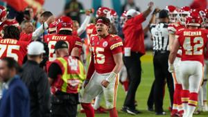 Kansas City Chiefs quarterback Patrick Mahomes (15) celebrates during the fourth quarter against the San Francisco 49ers in Super Bowl LIV at Hard Rock Stadium.(USA TODAY Sports) Kansas City Chiefs quarterback Patrick Mahomes (15) celebrates during the fourth quarter against the San Francisco 49ers in Super Bowl LIV at Hard Rock Stadium.(USA TODAY Sports)